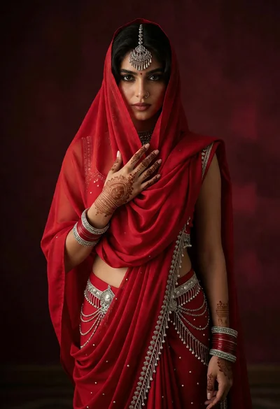 Woman in vibrant red draped fabric against a deep maroon solid backdrop