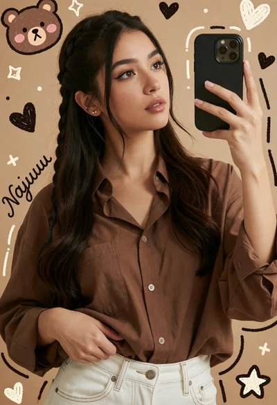 Young woman taking mirror selfie in brown shirt against doodle background