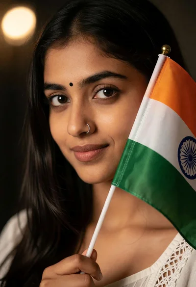 Close up portrait of young woman holding indian flag against cheek