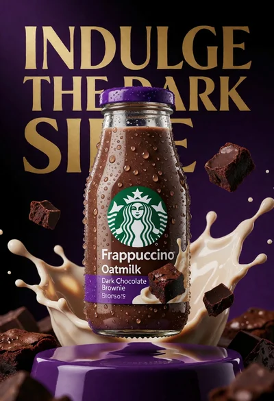 Closeup product shot of starbucks frappuccino bottle with oat milk splashes
