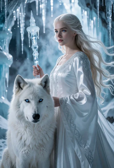 Woman with blonde hair and white wolf in an icy cavern setting