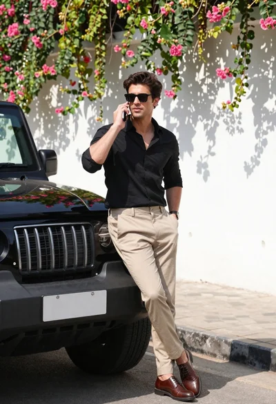 Stylish man in black shirt leaning against suv by floral wall