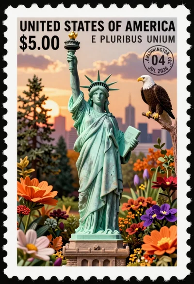 Miniature postage stamp of statue of liberty in garden with eagle