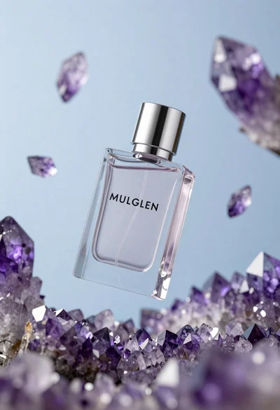 Floating transparent glass perfume bottle with silver cap and purple amethyst crystals