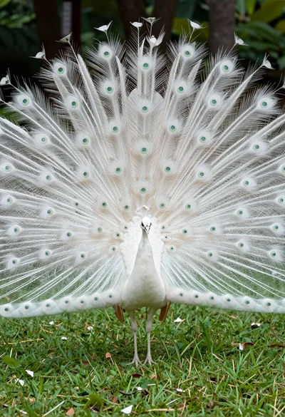 Majestic white peacock displaying its full tail feathers in a lush green