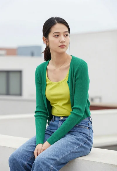 Young woman sitting on rooftop ledge looking away in soft diffused light