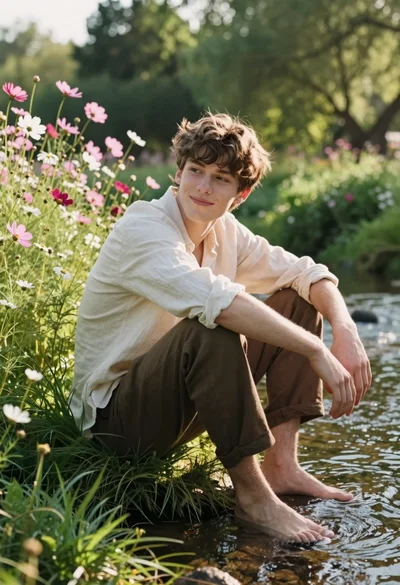 Young man crouching by shallow stream surrounded by wildflowers in nature