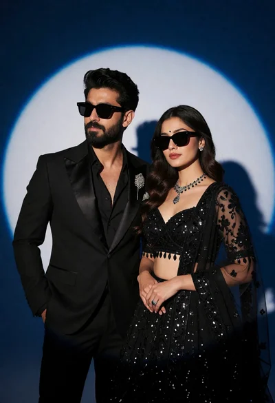 Stylish couple in formal black attire against deep blue spotlight backdrop