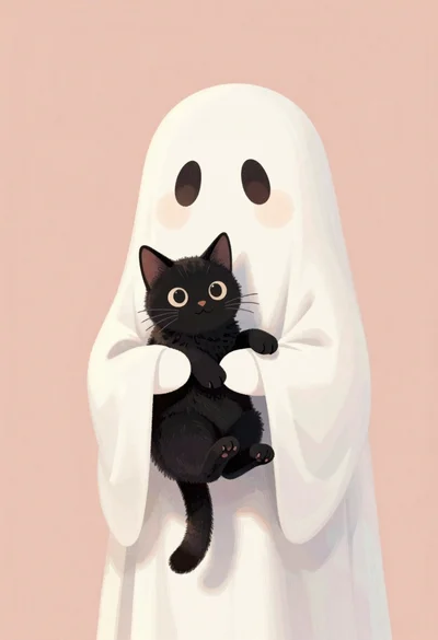 Pastel illustration of ghost hugging black cat
