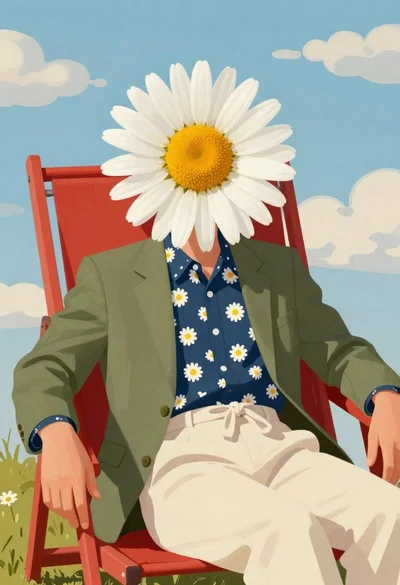 Surreal figure with daisy head in red lounge chair