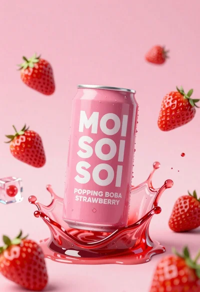 Pink soda can frozen in midair splash with strawberries