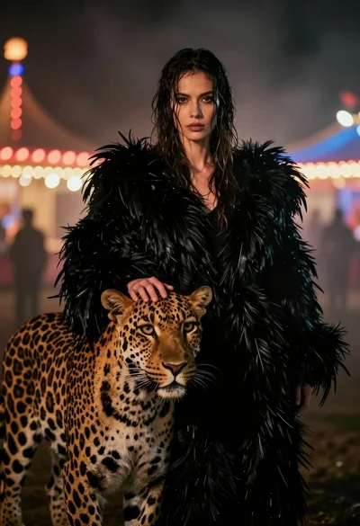 Woman with leopard in feathered coat against misty carnival lights at night