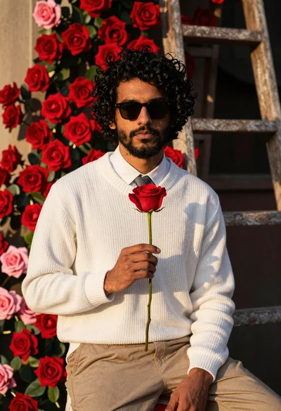 Young man with curly black hair holding a red rose in front