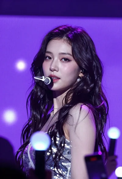 Young woman with dark wavy hair singing on stage under purple lighting