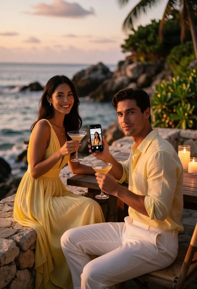 Couple enjoying romantic seaside evening sunset cocktails on stone patio