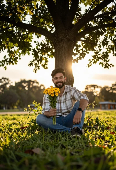 Young bearded man smiling with yellow flowers under dappled sunlight in park