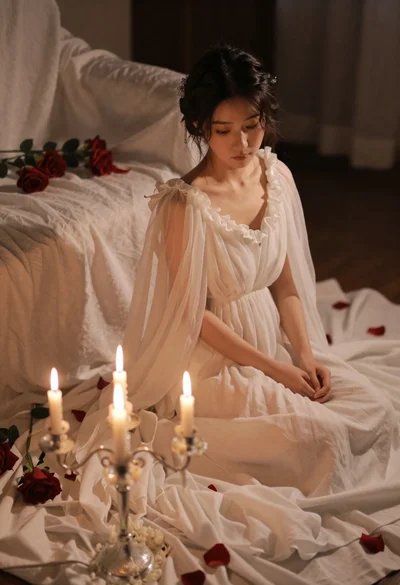 Young woman in white gown sitting among fabric and roses lit by