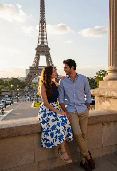 Romantic couple sharing an intimate moment in front of the eiffel tower