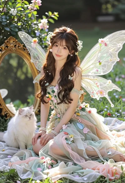 Fair skinned woman as fairy in lush garden with white cat companion