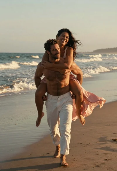 Muscular man giving woman piggyback ride on beach at sunset