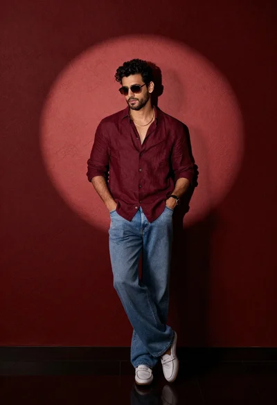 Stylish man in maroon shirt and jeans leaning against red wall