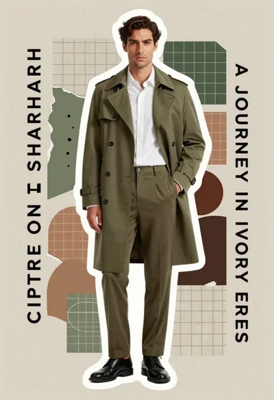 Man in olive trench coat standing against stylized collage background
