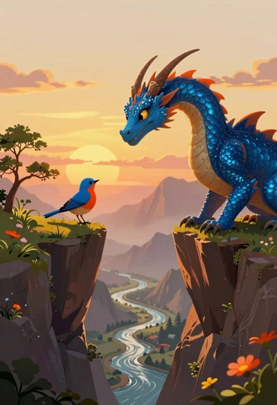 Majestic blue dragon gazing at small bird across misty mountain chasm