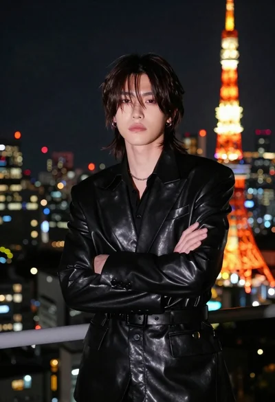 Man in black suit facing camera near tokyo tower