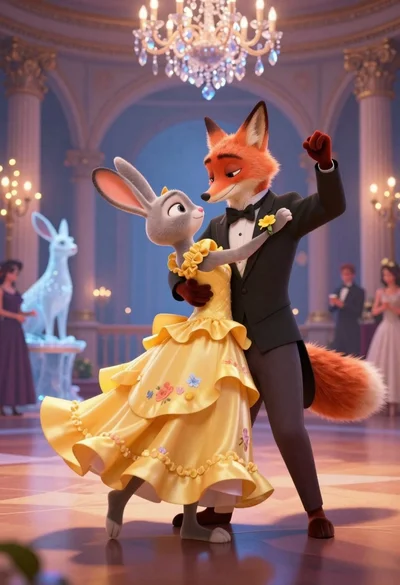 Anthropomorphic fox in tuxedo dances with rabbit in yellow dress under crystal