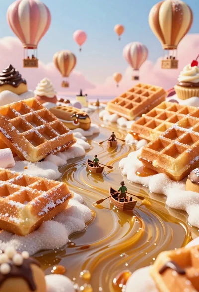 Tiny rowboats navigate a river of golden syrup between giant waffles and