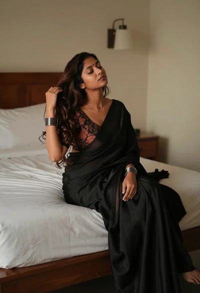 Young woman in black saree sitting on bed with brown hair