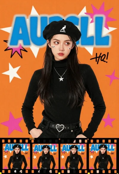 Young woman in black beret and turtleneck posing against vibrant orange graffiti
