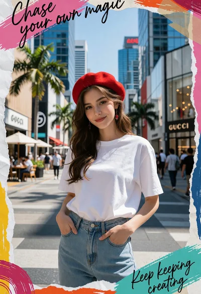 Young woman in red beret on busy city street with collage art