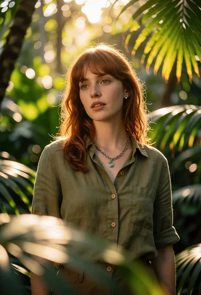 Young woman with reddishbrown hair in sunlit lush jungle setting