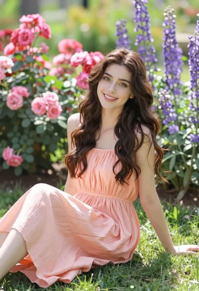 Young woman in peach dress sitting on grass in flower garden