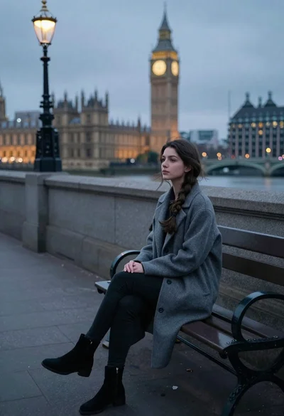 Young woman sitting alone on park bench by river at dusk