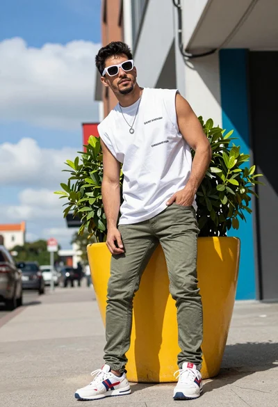 Young man posing outdoors on city sidewalk near yellow planter