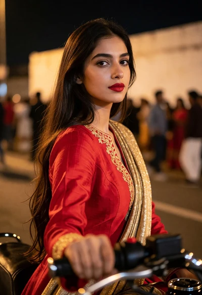 Young woman with red jacket on motorcycle at night in an urban