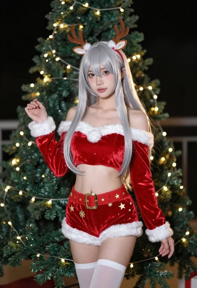 Young woman with silver hair posing near decorated christmas tree lights