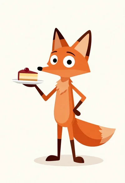 Stylized anthropomorphic fox holding cake on white background
