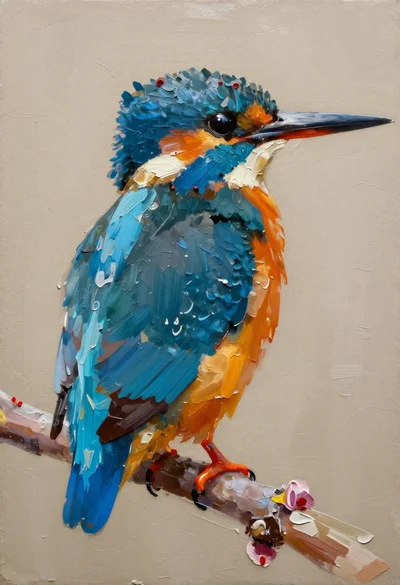 Oil painting of kingfisher on flowering branch