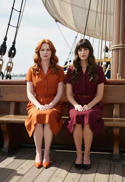 Two women sitting side by side on an old wooden ship deck