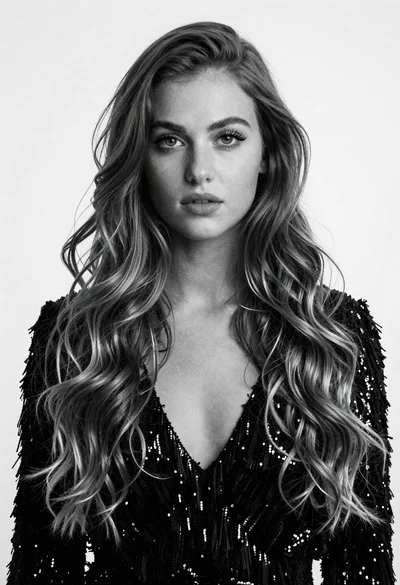 Black and white studio portrait of young woman with wavy hair