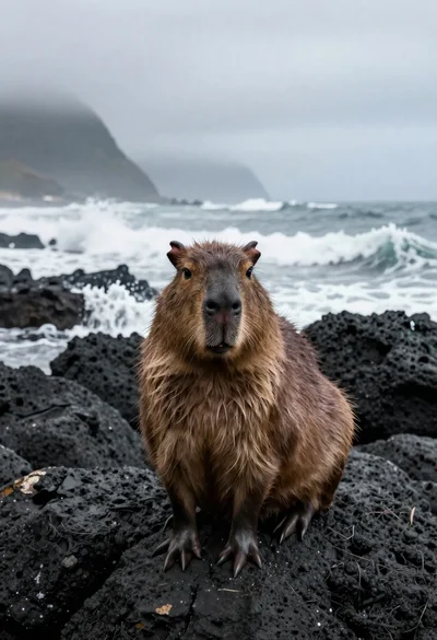 Capybara on volcanic rocks by crashing ocean waves