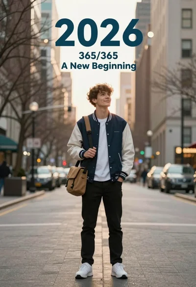 Young man in varsity jacket standing on city street with tall buildings