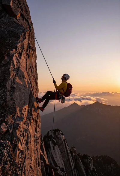 Male rock climber suspended on rope overlooking mountain peaks at sunset