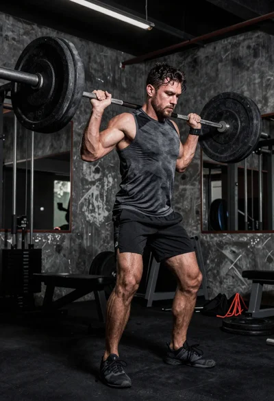 Low angle shot of muscular athlete lifting heavy weights in industrial gym