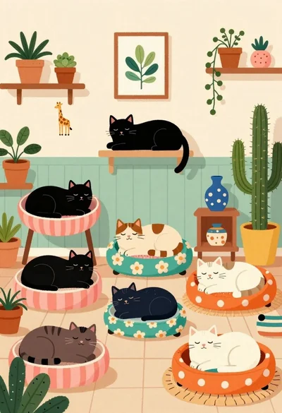 Cozy room with cats in colorful beds and furniture