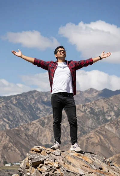Man standing triumphantly on rocky outcrop overlooking vast mountains