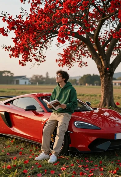 Man reading on red supercar fender in field under blossoming tree